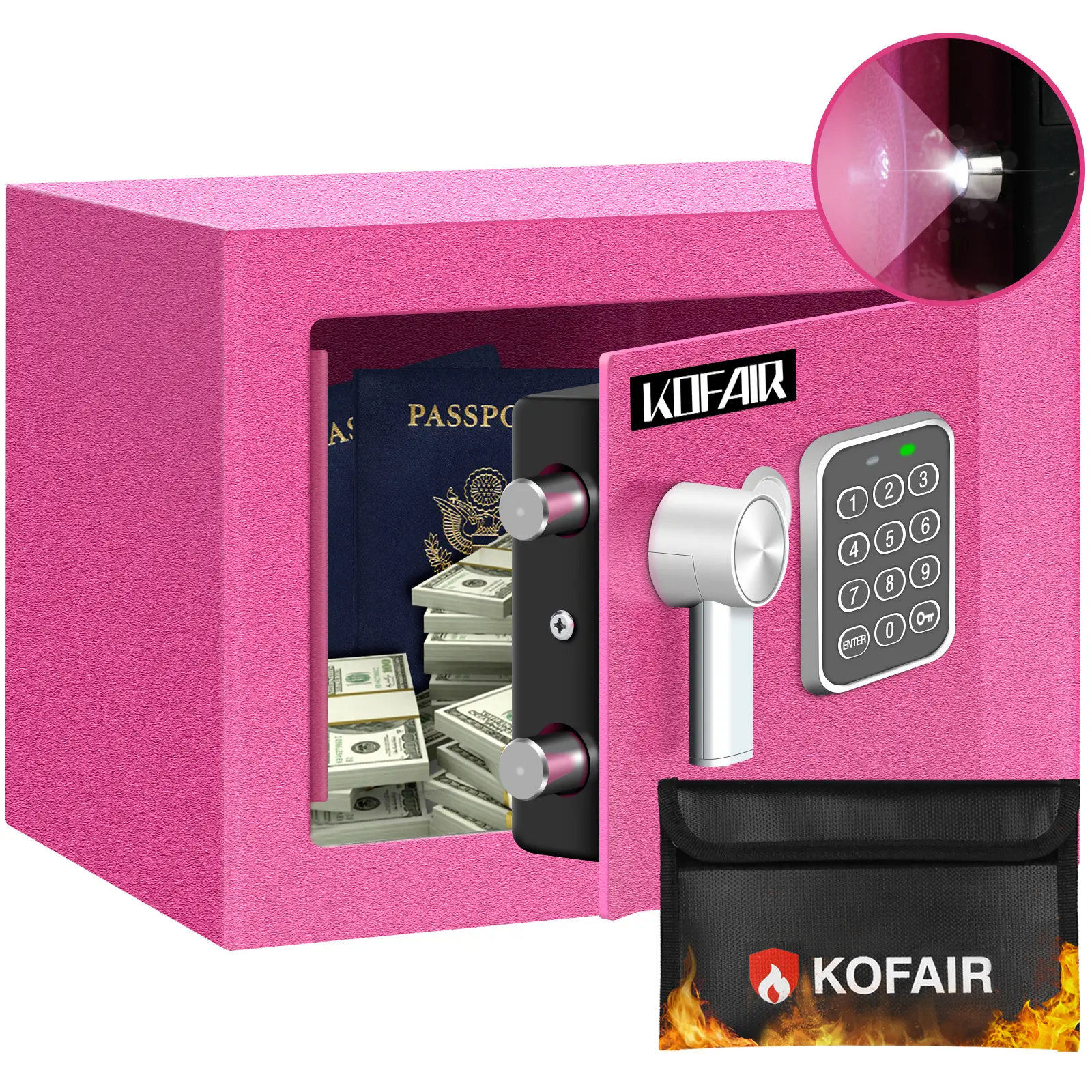 KOFAIR 0.23 Cubic Feet Portable Digital Money Safe Box - Fireproof Security Box with LED Sensor Light, Steel Cash Stash Container Safe for Home, Office, Portable Safe
