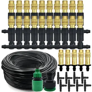 25m Outdoor Misting Cooling System, Garden Irrigation Watering Kit, 1/4'' Brass Atomizer Nozzles, 4/7mm Hose for Patio & Greenhouse, Garden Watering Sprinkler