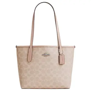 Coach City 23 Classic Monogram Metallic Logo Coated Canvas and Leather Tote Bag for Women, Silver and Sand