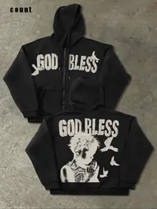 Angel Letter Print Graphic Hooded Unisex Knit Cardigan, Loose Long Sleeve Zipper Jacket Sweatshirts, Trendy Streetwear, Fashionable Casual, Everyday, Statement