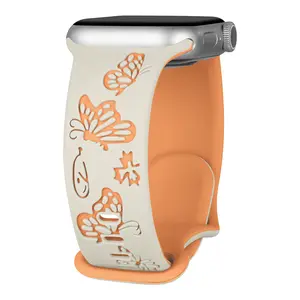 Silicone Engraved Band for Apple Watch Bands 41mm 40mm 38mm 49mm 45mm 44mm 42mm Women Girls,Two-Tone Cute Butterflies Floral Sport Strap for iWatch Ultra 2 Ultra SE 2 SE Series 9 8 7 6 5 4 3 2 1 Accessories Wearable