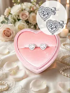 Sparkling High Shine Cubic Zirconia Heart Solitaire Stud Earrings with Pink Heart Gift Box Silver/Gold Hypoallergenic Fashion Jewelry Elegant Daily Party Wedding Accessories Valentine's Day Romantic Jewelry Gift Unique Earrings