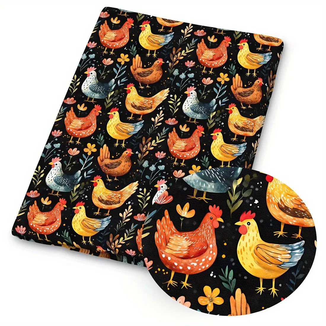 1 piece of chicken-print fabric – 59×19.68 inches (150×50 cm) pre-cut Durable Polyester fabric featuring a farm rooster design – suitable for DIY sewing, scrapbooking, tablecloths, and crafts
