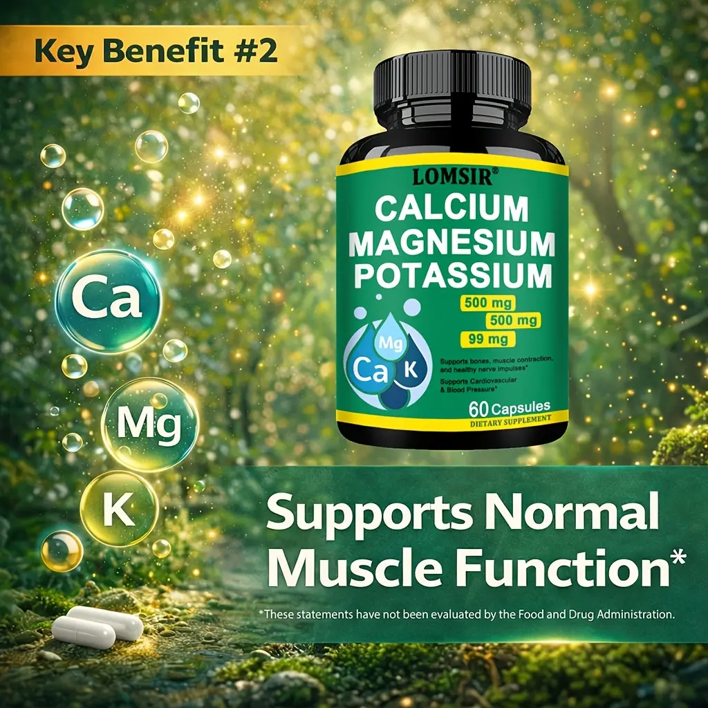 Calcium Magnesium Potassium Bone & Heart Health Supplement, 500mg Calcium, 500mg Magnesium, Supports Calcium Utilization, 60 Capsules