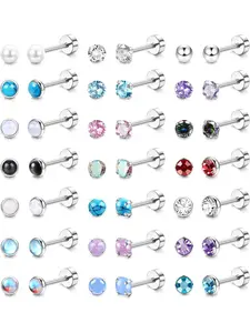 21Pairs Hypoallergenic Screw Back Stud Earrings for Women Men 20G Tiny Steel Flat Back Stud Earrings Set CZ Cubic Zirconia Opal Moonstone Turquoise Flatback Earrings Cartilage Earrings Piercing Jewelry Casual Trendy Jewelry Stainless Steel Earrings