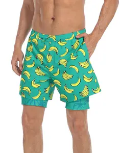 LRD Men's Printed 5" Swim Trunks with Compression Liner & Pockets Quick Dry Beach Shorts for Men Activewear