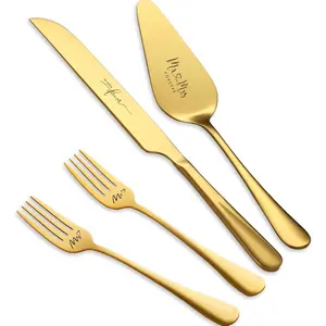 Cake Cutting Set for Wedding, Cake Knife and Server Set with Fork 4 Piece for Mr Mrs Anniversary Engagement Gifts (Gold)