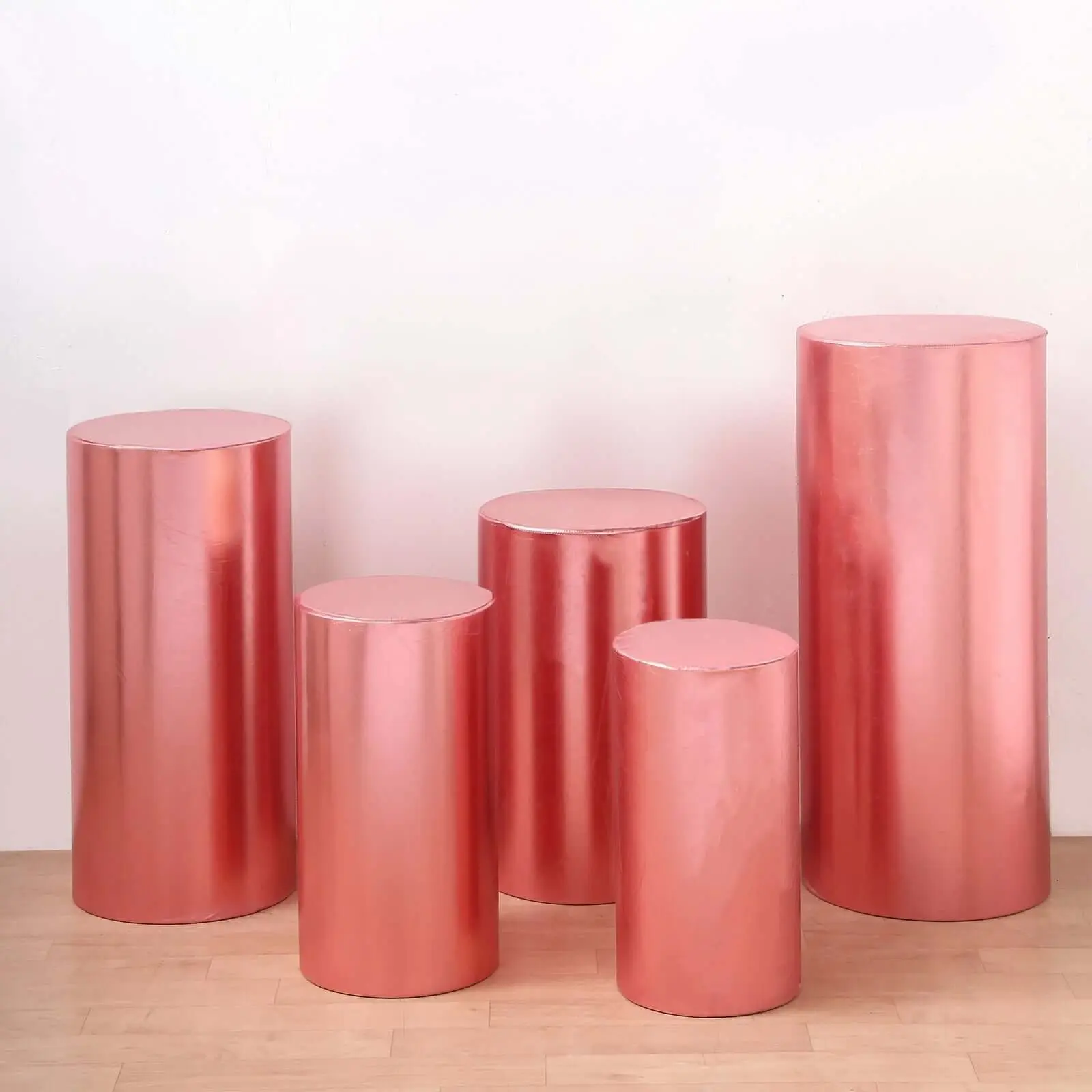 5-Pack Metallic Rose Gold Spandex Cylinder Pillar Decorative Covers - 130 GSM Elastic Fabric Stand Covers, Washable Hand-Wash-Only Slipcovers for Pedestal Props, Decorative Cover