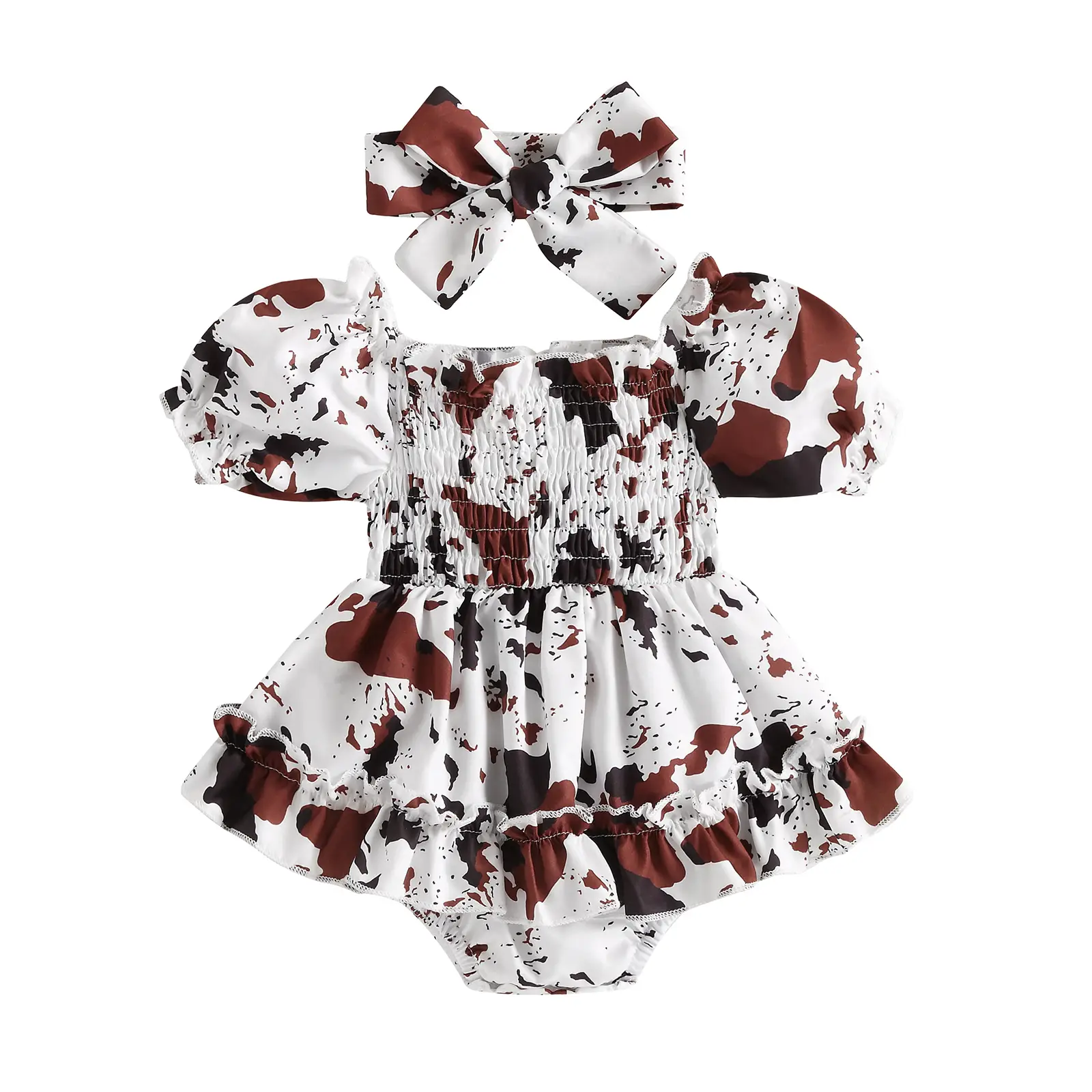 Baby Girls Romper Set Short Sleeve Off-shoulder Spots Printed Dress with Headband for Toddlers