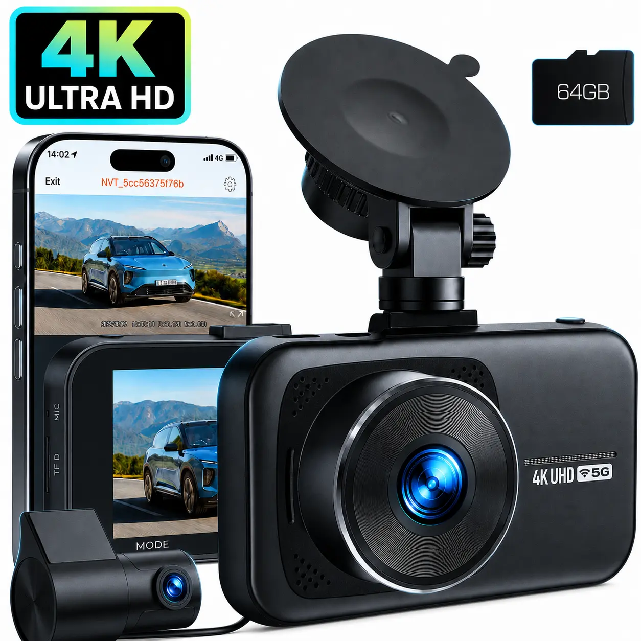 LAMTTO 4K WiFi Dash Cam Front and Rear, Dual Channel Dash Camera with Night Vision, 5G WiFi App Control, G-Sensor, Loop Recording, Parking Monitor, Car DVR Driving Recorder with Free 64GB Card , Wifi Car Dashcam — Summer Essential sohochic