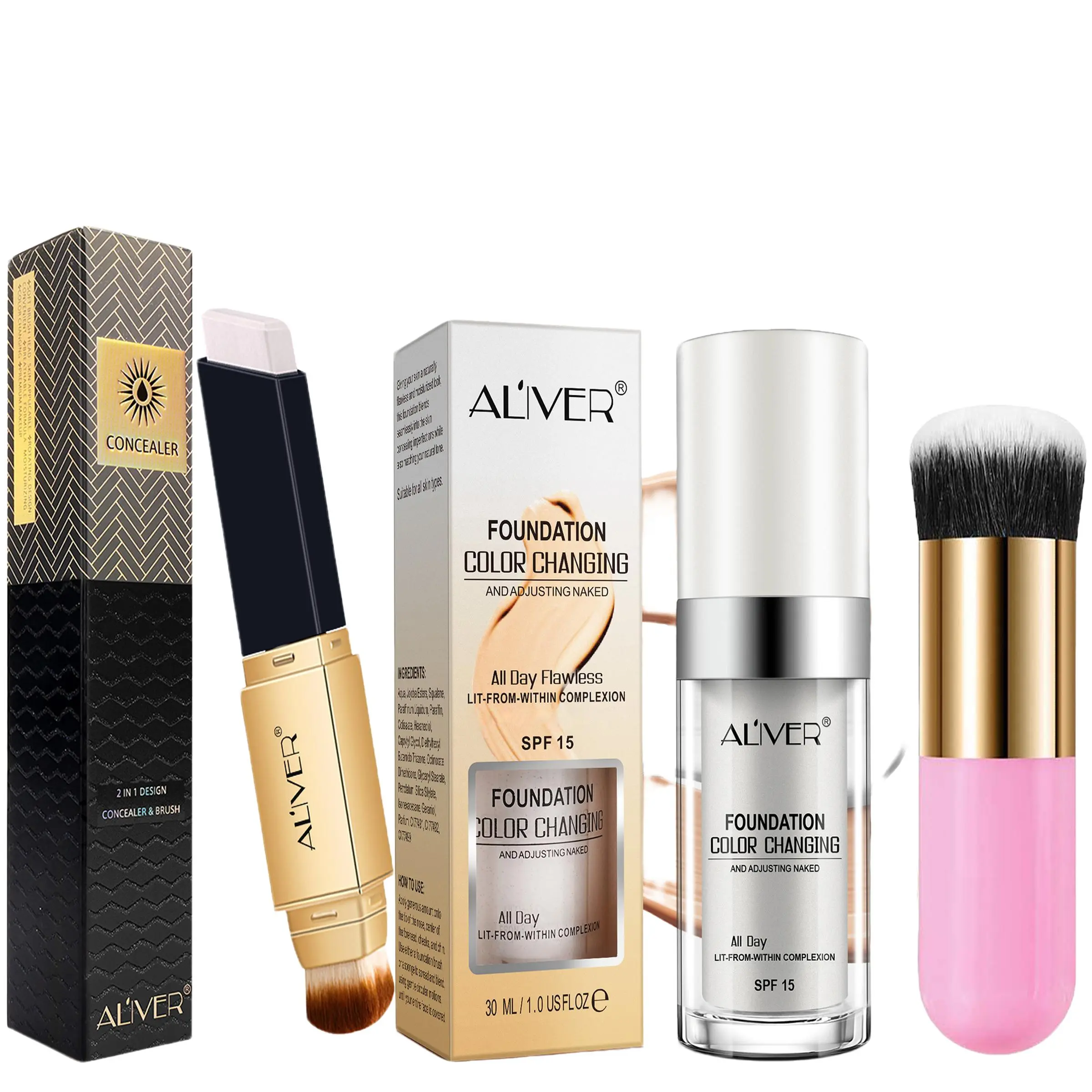 ALIVER Face Makeup Sets, Beauty Bundle Kit, Cosmetic Gift Set, 1 Set Changing Liquid Foundation & 2 in 1 Concealer Stick & Brush, Waterproof, Sweat Proof, Long-lasting Makeup, Light, Not Greasy, Mild, Not Irritating, Makeup Gift Set