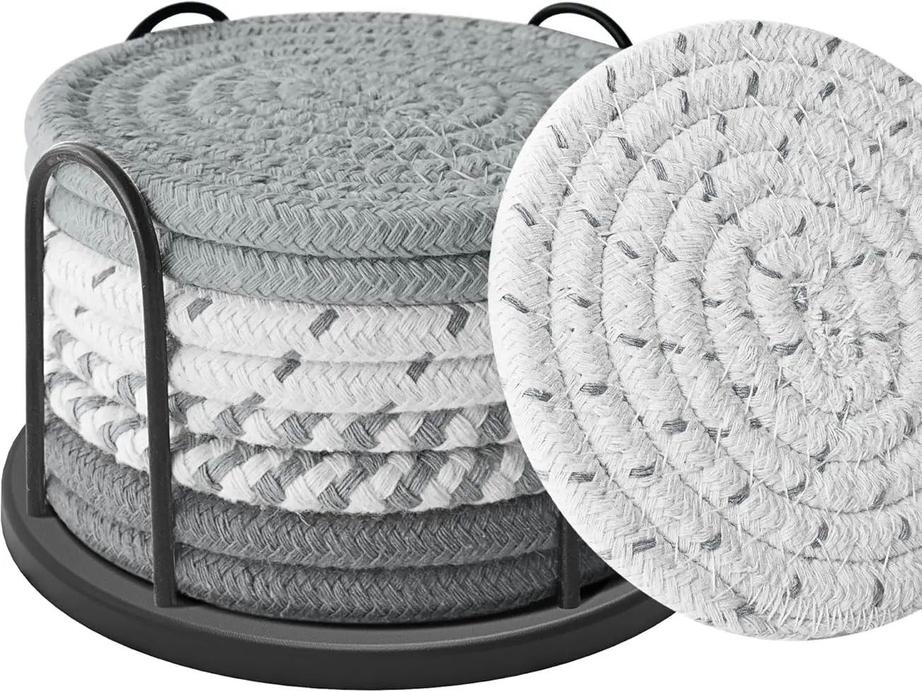 Coasters Set of 8 for Drinks, Beer, Coffee, Cotton Woven Absorbent Coaster with Holder
