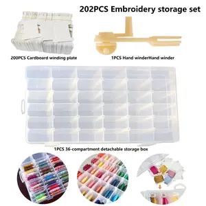 202pcs Cross Stitch Embroidery Storage Set, Includes 200 Cardboard Bobbin Holders, 36-Grid Detachable Box, Manual Thread Winder, Sewing Supplies Crafts