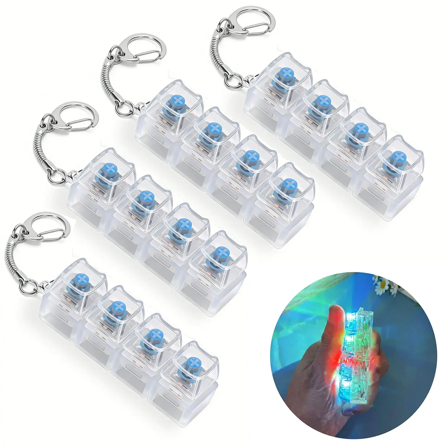 4 Pcs Keyboard Fidget Toy, Loud & Silent Fidget Keychain with LED Lights, Stress Relief Clicker Fidget Keyboard, Boost Focus and Calm Anxiety for Library Office Home