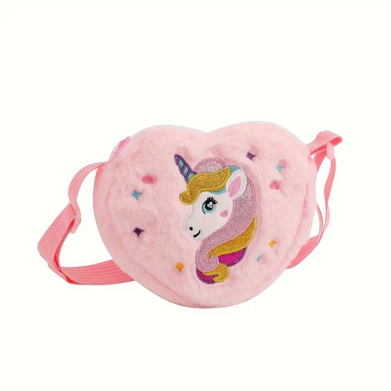 Cute Unicorn Crossbody Bag for Girls, Plush Heart-Shaped Character Handbag, Colorful Cartoon Shoulder Coin Purse, Child Design Handbags, Unicorn Character Handbags
