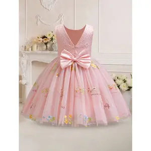 Elegant Princess Dress for Little Girl Birthday; Cute Bow Decoration for Summer Party Dress.