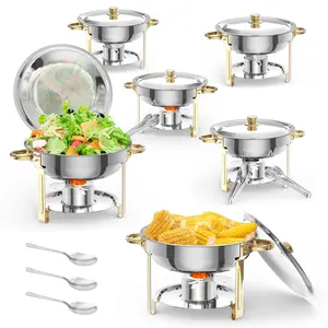 Garvee Gold 5QT Round Chafing Dish Buffet Sets in 2, 4, and 6 Packs with Stainless Steel Construction, Lids, Spoons, and Tweezers for Catering, Parties, Weddings, and Buffet Food Warming