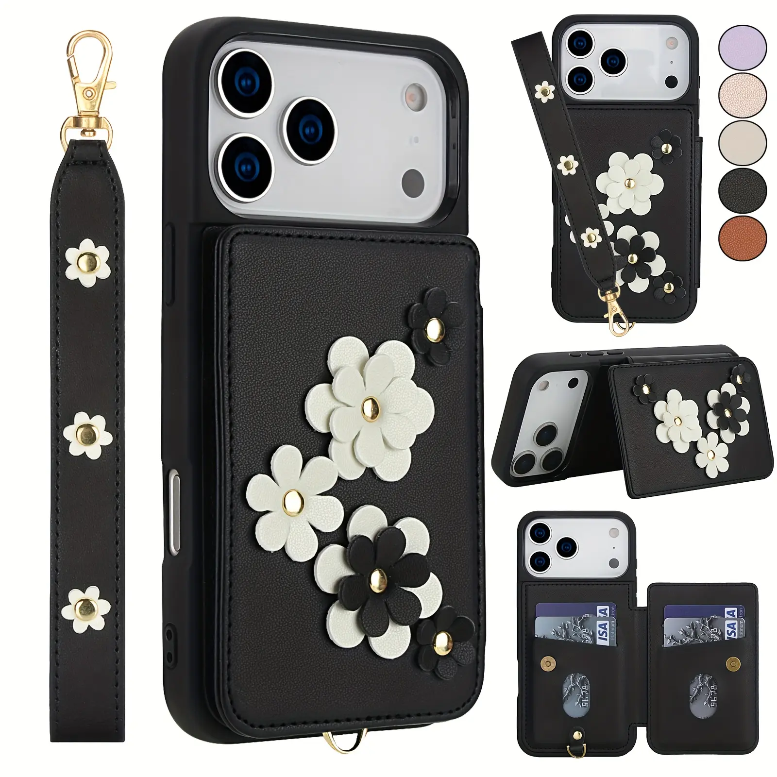 Women's 3D Floral Synthetic Leather Card Holder Wallet Phone Case, Short Lanyard, Magnetic Buckle, 4 Card Slots, Shockproof Protective Cover for iPhone 14-17 Series