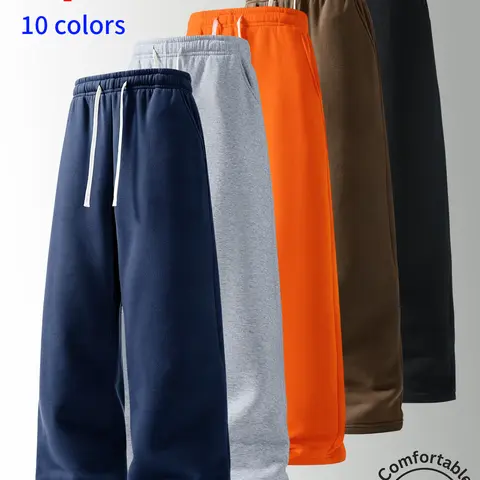 3-pack men’s long pants featuring an elastic waistband and drawstring design; casual loose straight athletic pants in solid colors that are versatile—suitable for home wear, everyday outings, commuting, and fitness training.