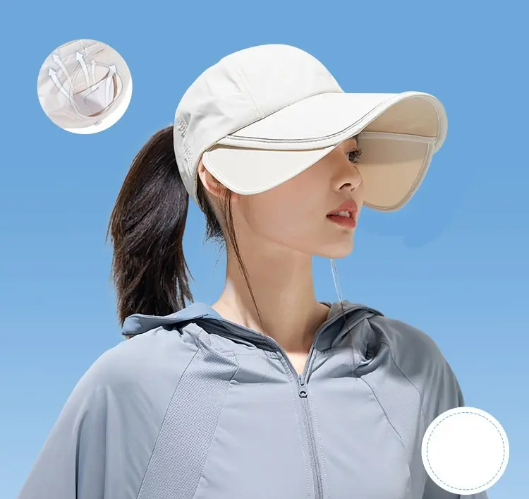 Summer sun hat for women with extra-large, extra-wide brim, outdoor sports, full-face coverage, open-top baseball cap, ponytail-friendly sun hat
