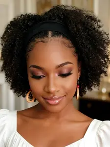 10 Inches Headband Wig Human Hair Kinky Curly 180% Density, Glueless Wigs for Women, Natural Color, Deep Curly Hair, Afro Curly Wig, Perfect for Daily Use