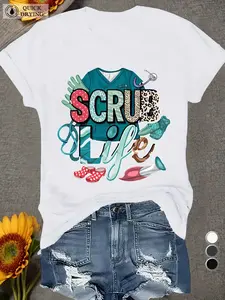 Women's Soft Comfort-Fit Scrubs T-Shirt with Stethoscope & Nurse Cap Print - Casual Healthcare Uniform, Short Sleeve Nurse Top for Hospital Staff, Stethoscope-Themed Attire (No Underneath)