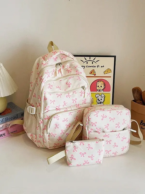 Casual Backpack Set for Teen Girls, 3-in-1 Coquette Bow Print Youth Backpack with Insulated Lunch Tote and Pouch, Large Capacity, Water-Resistant, Lightweight Fit, Backpacks For School