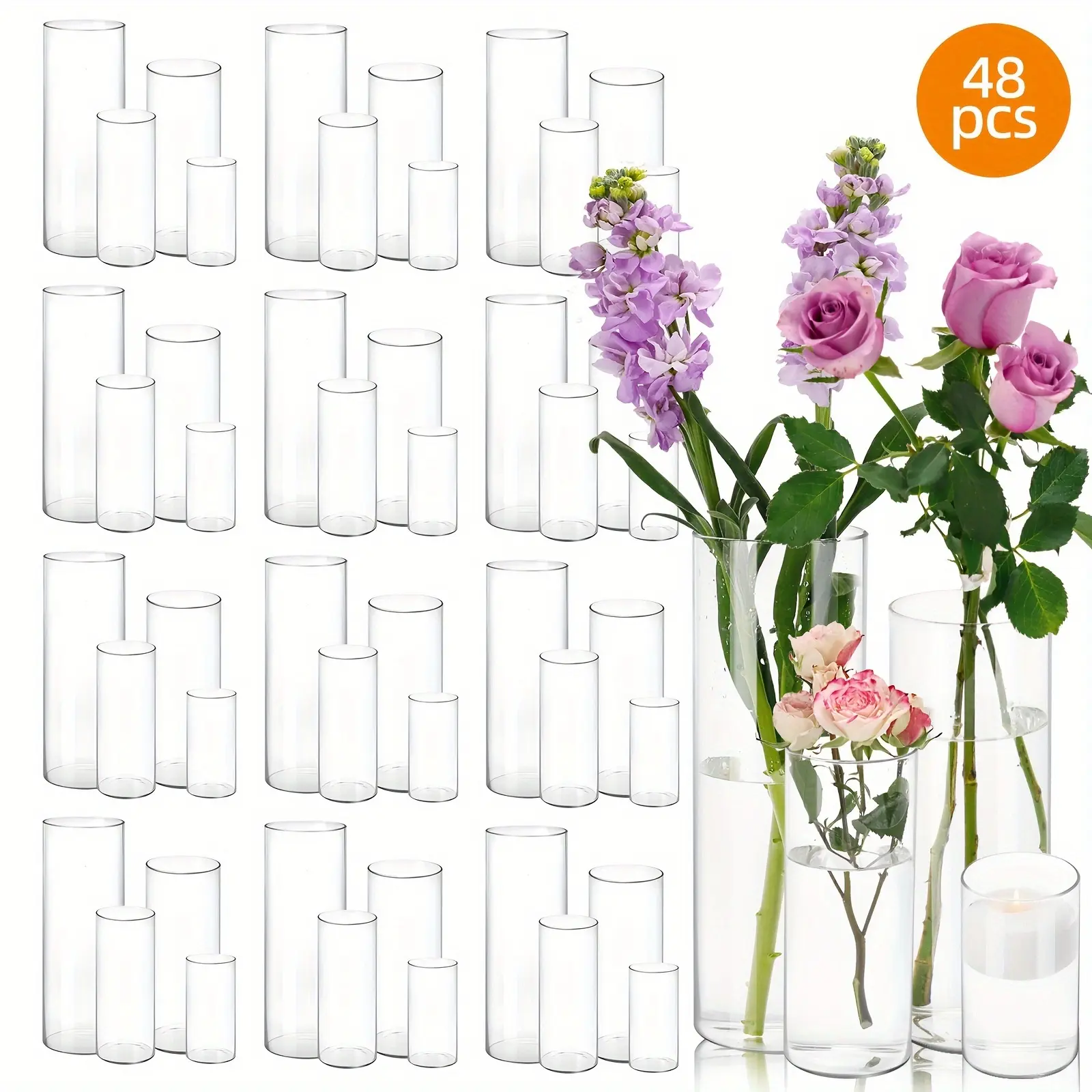 TOMNK 12/24/48pcs Clear Glass Cylinder Vases, 4, 6, 8, 10 Inch Tall Cylinder Vases for Centerpieces, Glass Flower Vase, Hurricane Floating Candle Holder Vase for Kitchen, Party, Wedding, Home Decor, for Valentines Decorations, Halloween, Christmas