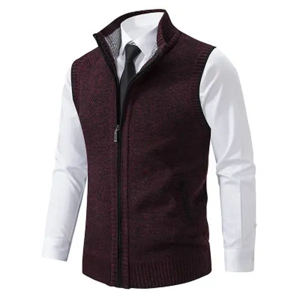 Men'S Active Fleece-Lined Zip Cardigan Vest, Short-Sleeve Knit Sweater with Real Pockets, Fall Winter Daily Wear