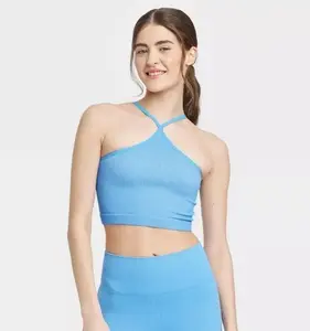 Colsie Womens Sz M Halter Brami Blue Ribbed Seamless Square Back New