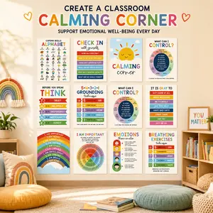 12 Calming Corner Posters 10"x14" | Feelings Wheel Chart & Emotions Poster for Kids | Calm Down Corner Supplies for Preschool Classroom Homeschool Kindergarten | Back to School Teacher Gift for Therapy Office Decor