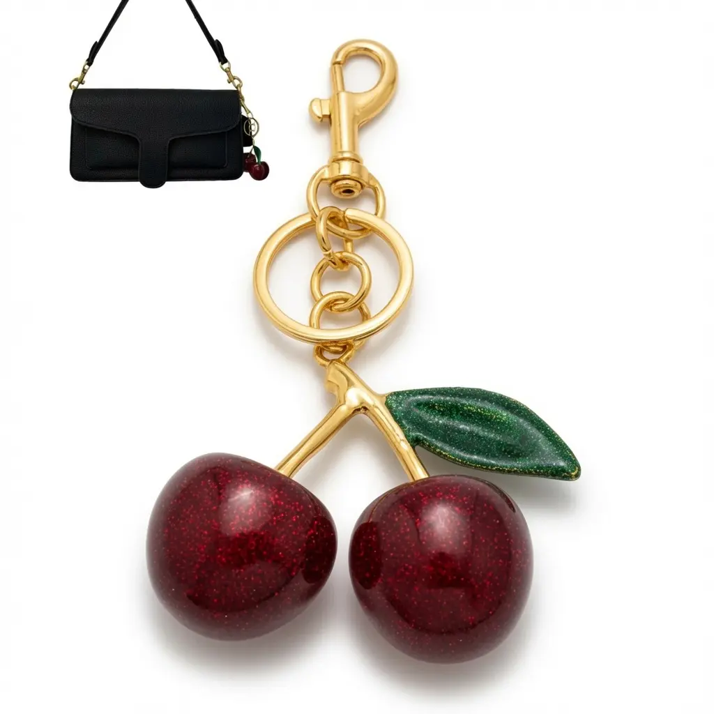 Cherry Keychain with Gold Chain and Green Leaf Design for Bags and Keychains