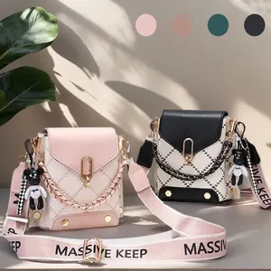 Women's Chic PU Leather Crossbody Bag Square Flap Shoulder Purse with Handwoven Chain for Daily Use and Shopping