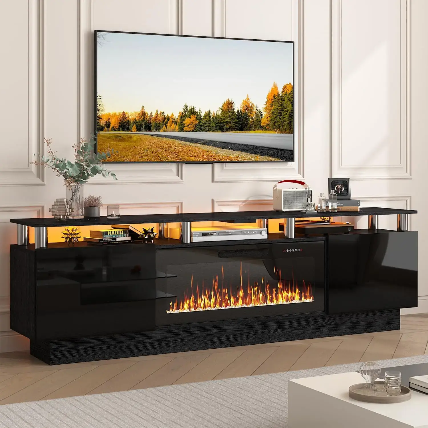 70-Inch Wooden Modern Fireplace TV Stand Console with 36-In Electric Fireplace & Remote, Home Decor Entertainment Center for Up to 80-In TVs in Living Room