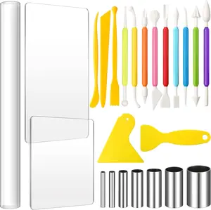 Pack of 24 Clay Sculpting Tools Kits Polymer Clay Tools DIY Set with Roller, Acrylic Sheet, Scraper Backing Board, Round Circle Shape Cutter, Shaping for Art Craft(Colorful)