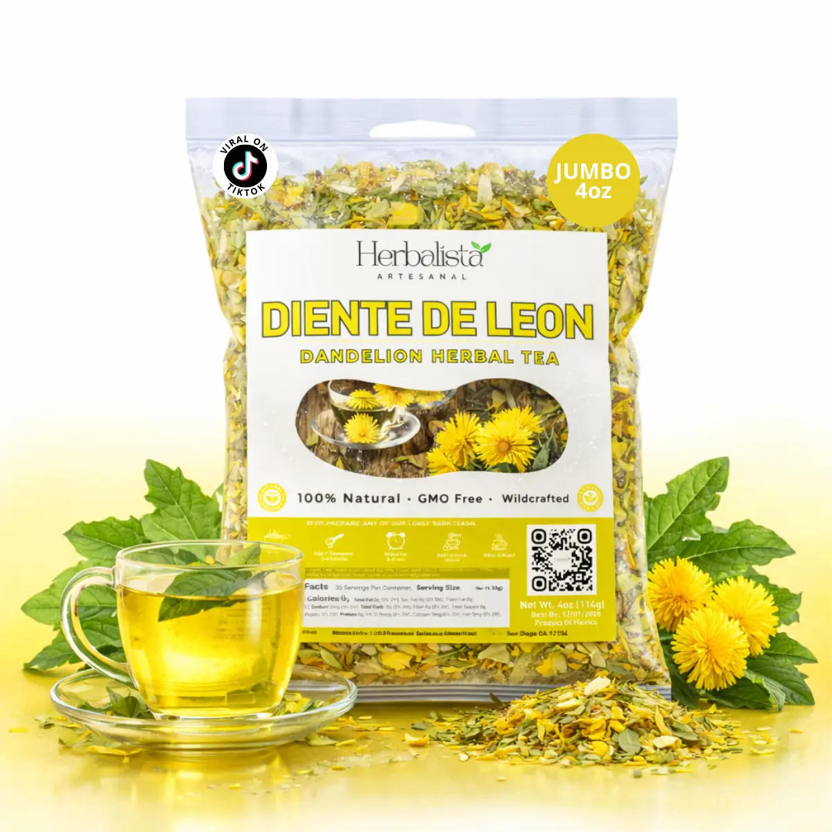 Diente de León Herbal Tea (Dandelion Loose Leaf) – 4 oz (113 g) Premium Cut & Sifted Leaves – 100% Natural, Vegan, Non-GMO, Caffeine-Free – Traditional Herbal Infusion for Daily Wellness