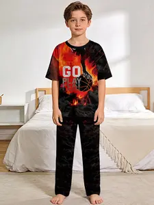 Black and red flame basketball print short-sleeve pajama set with digital printing, featuring extended-length sleep pants and flame-retardant fabric. Stylish, trendy, casual, comfortable and soft pajama set suitable for sleeping and home lounging. Made of