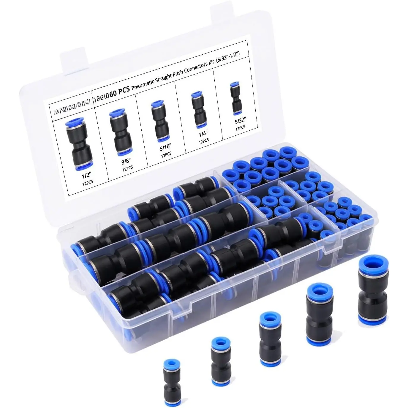 Synthetic Pipe Connector Fitting Set, 60-Count Plastic Straight Push-to-Connect Adapters with Good Sealing Ring - 5 Models Quick Release Fittings (12Pcs Each of 5/32",1/4'' 20Pcs,5/16",3/8",1/2" Sizes) for Auto Repair, Pumps, Plumbing, Circlip Stays Put