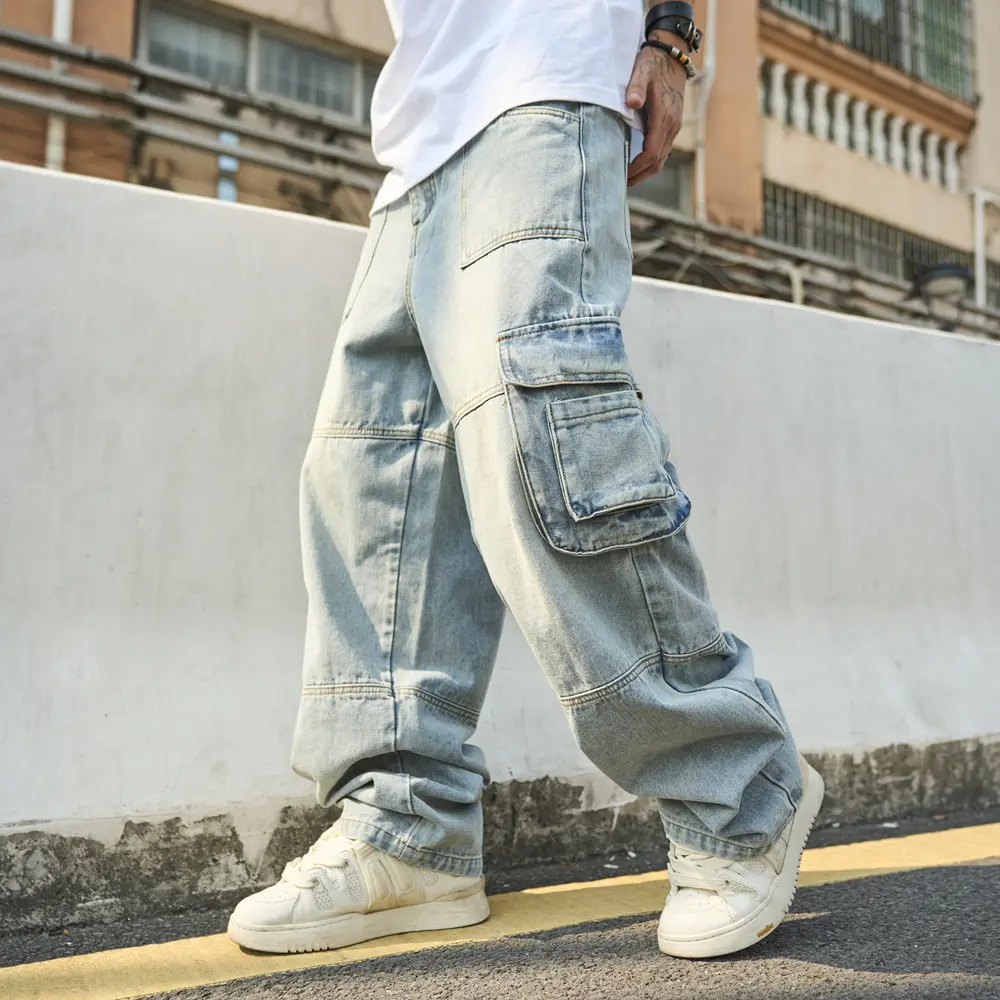 YYT1 Men's Denim Carpenter Cargo Jeans - All Seasons, Loose-Fit, Multiple Pockets, Solid Straight Streetwear Trousers, Machine Washable Classic Menswear, Carpenter Style, Straight Pants