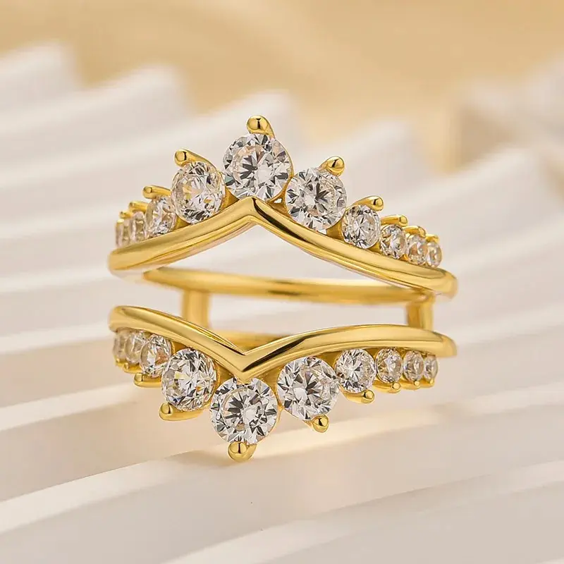 Effinny 14K Gold Plated Certified Synthetic Moissanite Wedding Ring Enhancer Non-Tarnish Hypoallergenic Half Full Eternity, 925 Sterling Silver Promise Jewelry for Women, Travel