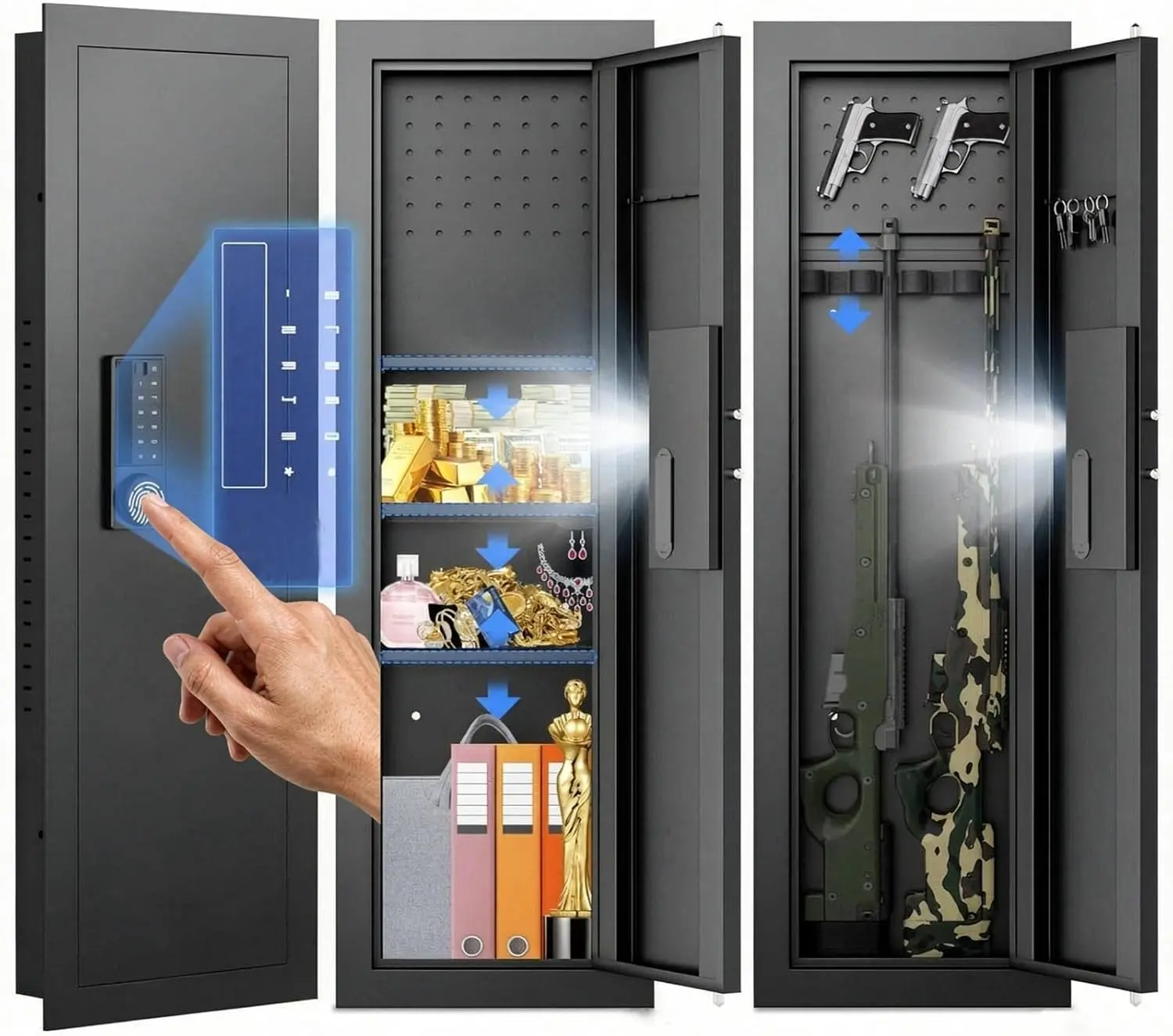 47" Wall Safe Between the Studs In Wall Safe Biometric Fingerprint Gun Safe with Dual Alarm System and Silent Mode,3 Adjustable Shelves, Magnetic Slot,Gun Cabinets for Home (Black-Fingerprint Safe)