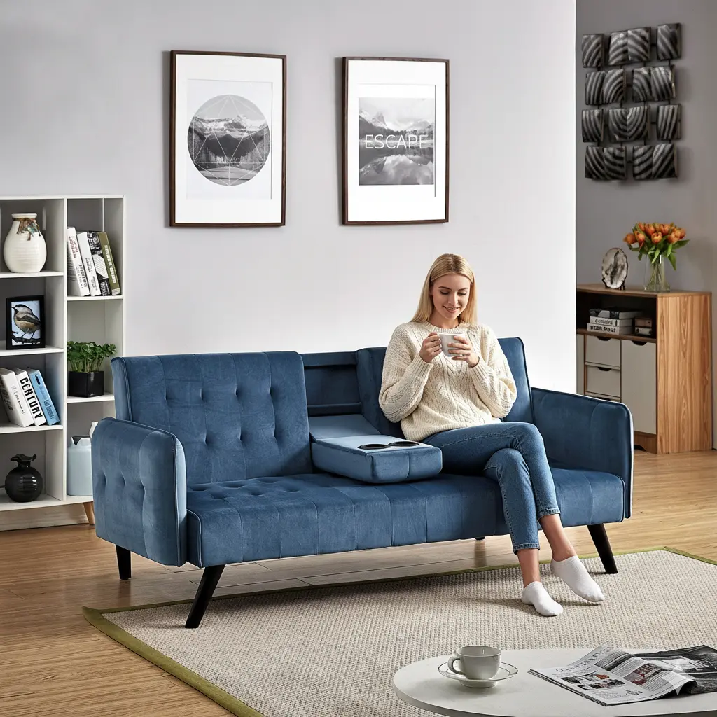 72" Velvet Convertible Sofa Bed - 3-Seater Tufted Futon Sleeper Couch with Cup Holders, Mid-Century Modern Design for Small Spaces, 72" L x 34.6" D x 31" H