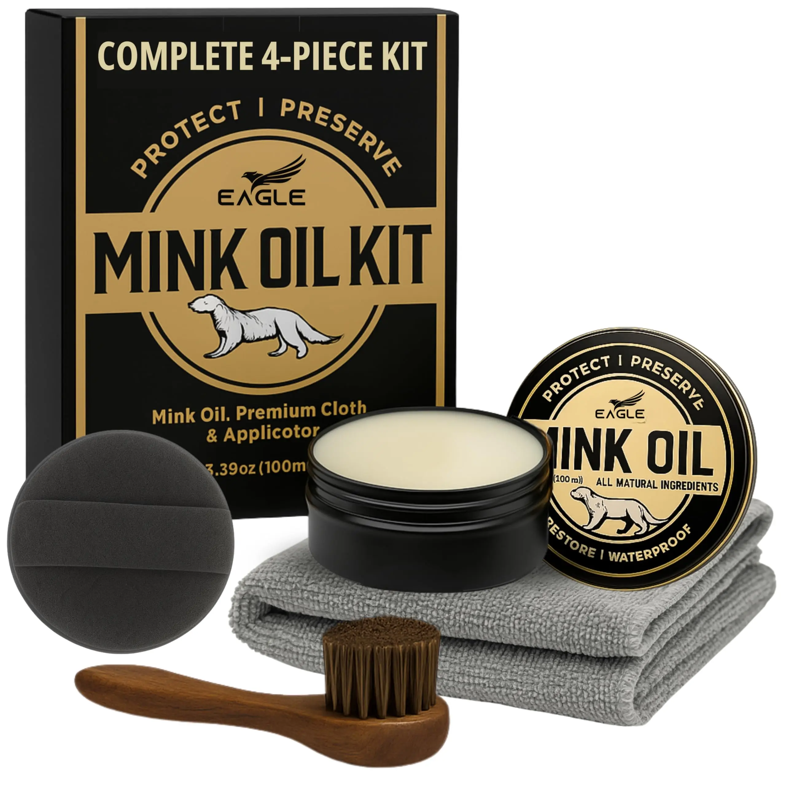 4-in-1 Mink Oil Leather Care Conditioning Kit Set - 3.52oz Waterproof Paste, Horsehair Brush, Sponge, Microfiber Cloth - Cleaner & Protector for Boots, Shoes
