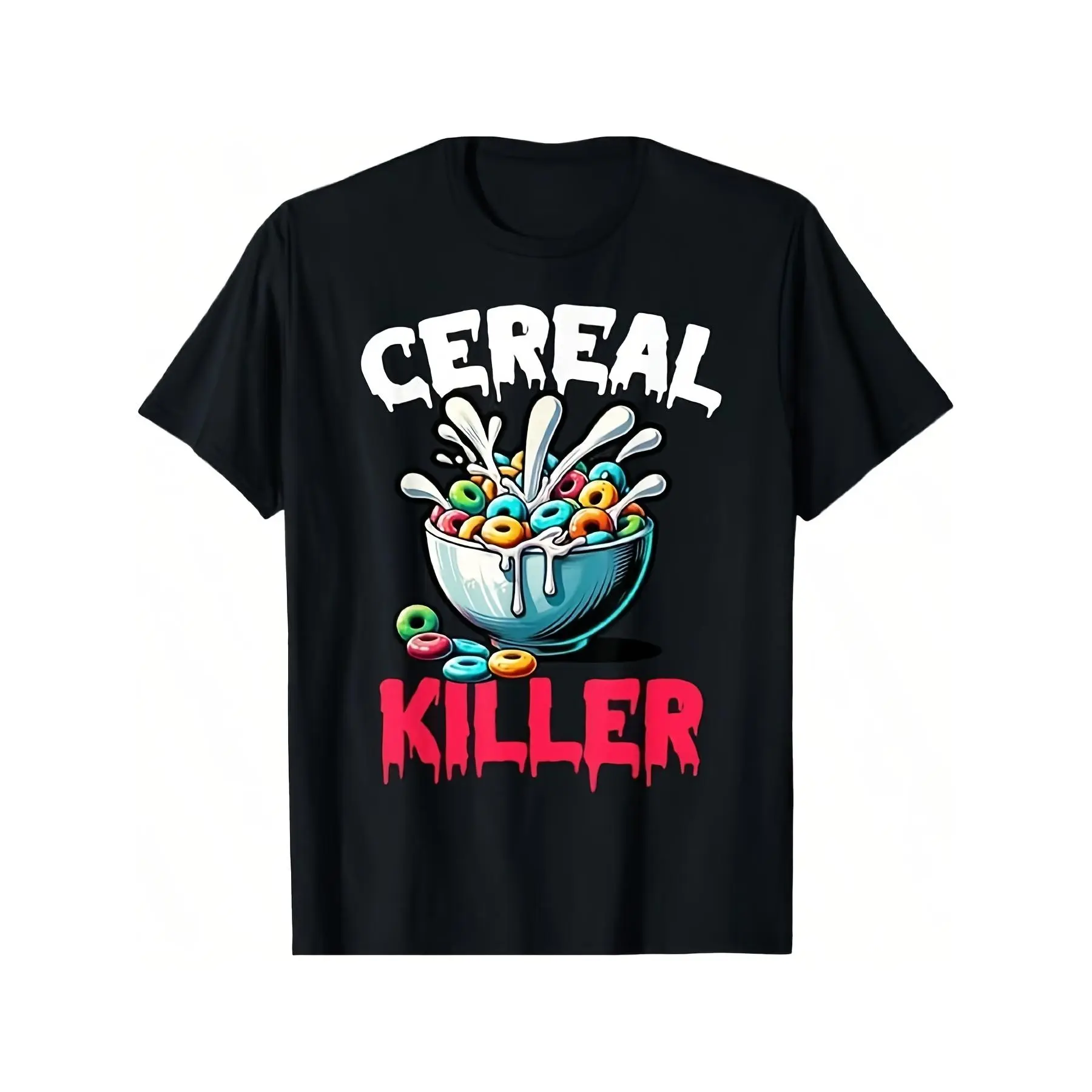 Men's Black Cotton Casual Short-Sleeve Graphic T-Shirt - Menswear Top with Fun Cereal Killer Print, Cereal Bowl Murder Scene Design, for Comic Conventions & Everyday Wear sohochic