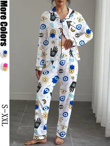 Women's Autumn Winter Loungewear Pajama Set, Eye Pattern Printed Shirt Collar Button Long Sleeve Top & Elastic Pants, Soft Stretchy Fabric