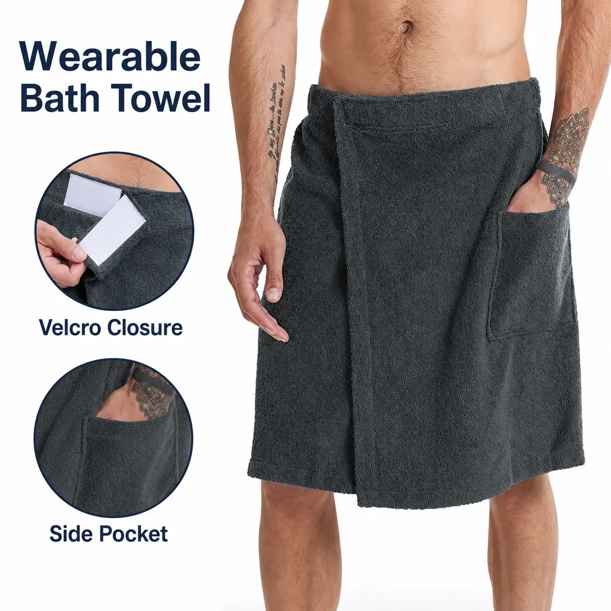 Male Terry Cloth Wearable Bath Towel Wrap with Side Pocket, Adjustable Velcro, Sporty Chic Towel for Spa & Gym