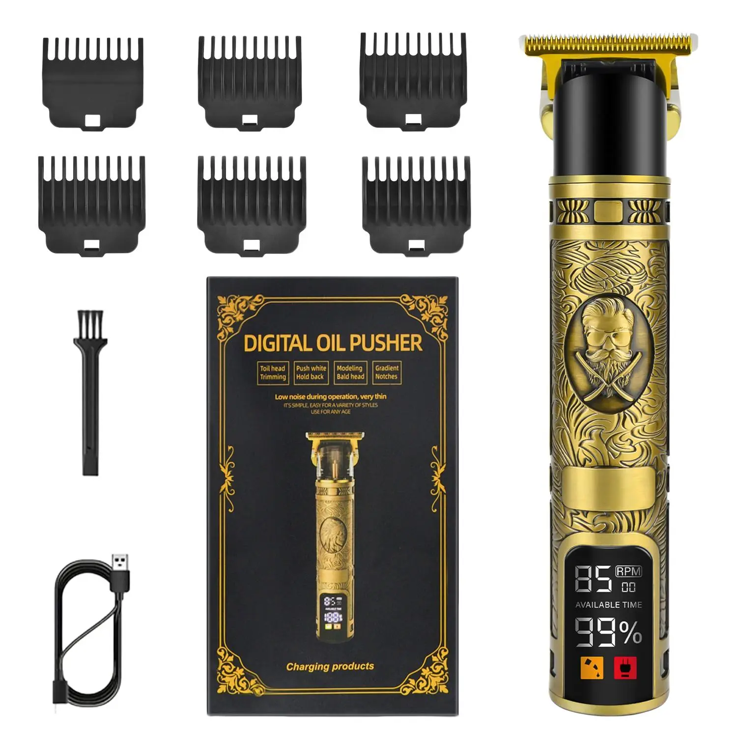 Professional Hair Clipper with LED Display, Electric Shaver, Beard Trimmer, Trimmer and Shaver, USB-C Charging, Long Hair Trimmer, Rechargeable Hair Clipper, 6 Attachments Set