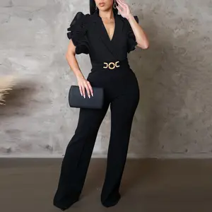 ChicMe Women's Plain Deep V Neck Short Flutter Sleeve Jumpsuits Metal O-Ring Decor Wedding Guest Casual Flared Wedding Overalls
