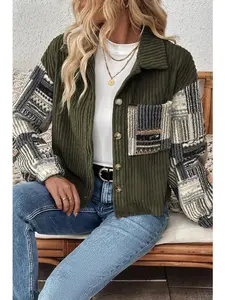 Women's Green Moss Ribbed Polyester Fleece Plaid Print Patchwork Button-Up Jacket - Stylish Outerwear, Comfortable Casual Top for Pairing with Jeans