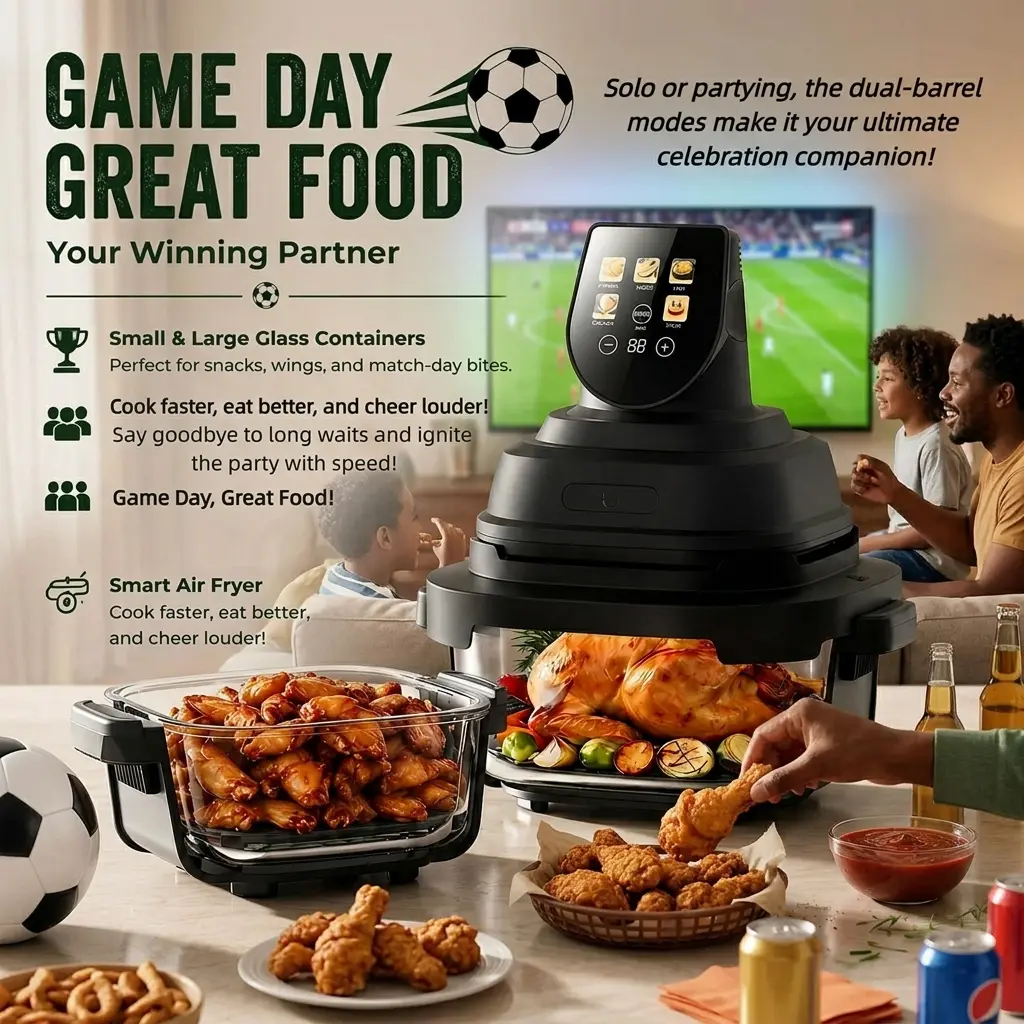 Tempered Glass Multi-Functional Air Fryer - 4QT & 6-Cup Flex Pot/Baskets, 1500 to 1599W Fast Healthy Cooker, 100% Visual Cooking, 90% Less Oil, Crispy In Minutes, Dishwasher Safe Camp Kitchen Essential for Family Gatherings & Game Day Snacks